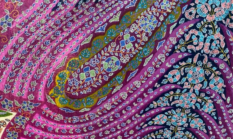 A pashmina Kalamkaar shawl with Sozni embroidery worth Rs350,000. Photo: Business Recorder