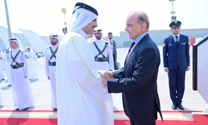  Qatar&rsquo;s Minister of Culture Sheikh Abdulrahman bin Hamad bin Jassim bin Hamad Al Thani welcomes Prime Minister Shehbaz Sharif upon his arrival in Doha, Qatar, on September 15, 2025. 