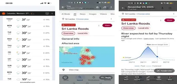 Screenshot: AccuWeather showing nonstop rain for Colombo and affected areas.