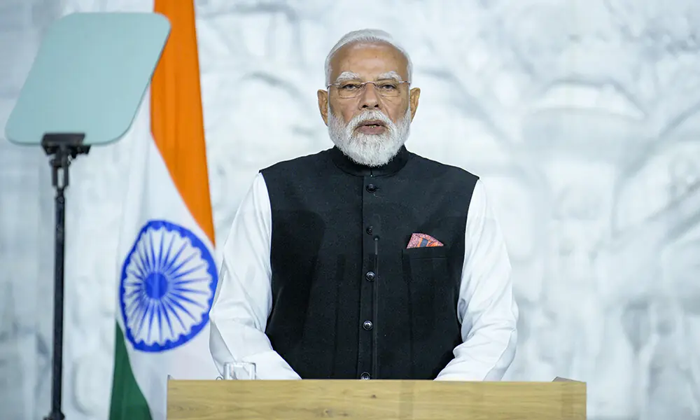 India's Prime Minister Narendra Modi adresses the audience during the Nordic-Indian Summit at Oslo City Hall in Norway, on May 19, 2026. Photo: AFP