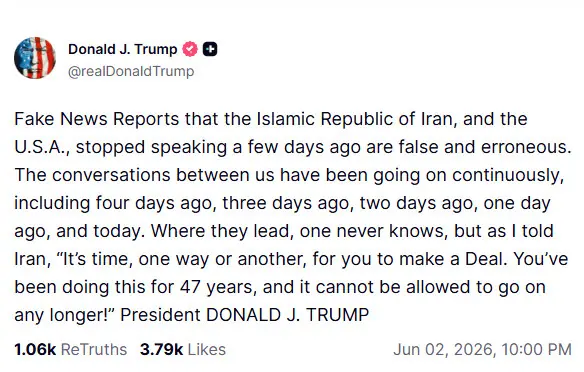 Trump says Iran talks happening 'continuously'