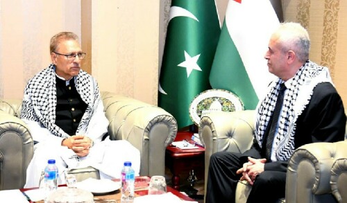 President Alvi visits Palestine embassy, condemns Israeli brutalities in Gaza