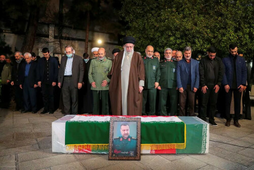 Iran&rsquo;s supreme leader leads prayers during funeral of senior Guards adviser