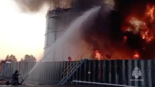 Fire at drone-hit Russian oil depot rages for second day, emergency services say