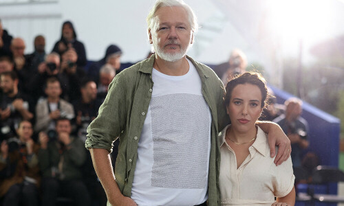 &lsquo;Recovered&rsquo; Assange promotes Cannes documentary wearing Gaza T-shirt