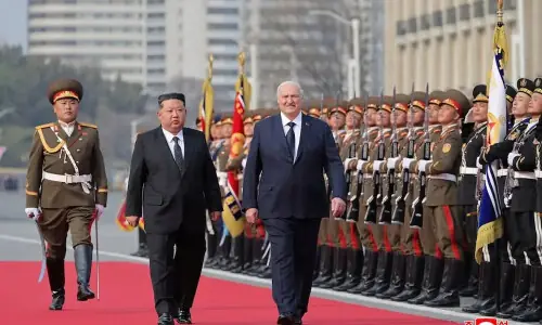 North Korea&rsquo;s Kim Jong Un welcomed Belarus President Lukashenko to Pyongyang, KCNA says