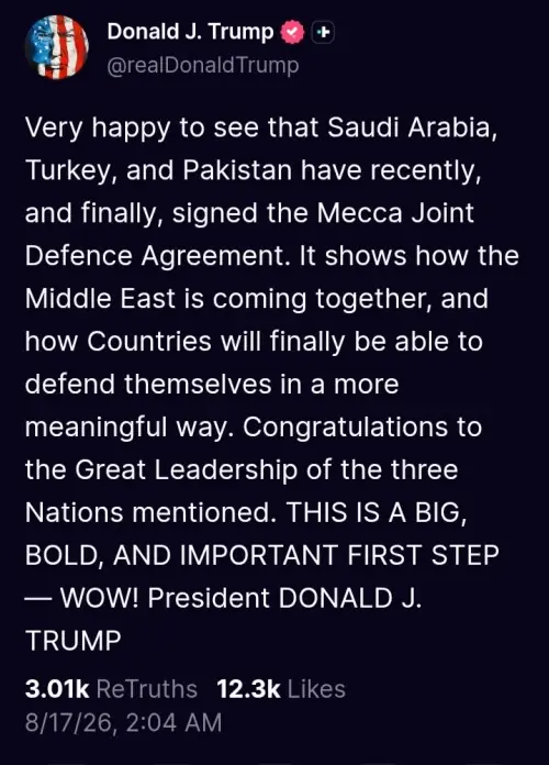 Trump hails Pakistan-Saudi-T&uuml;rkiye defence pact as &lsquo;bold, important first step&rsquo;