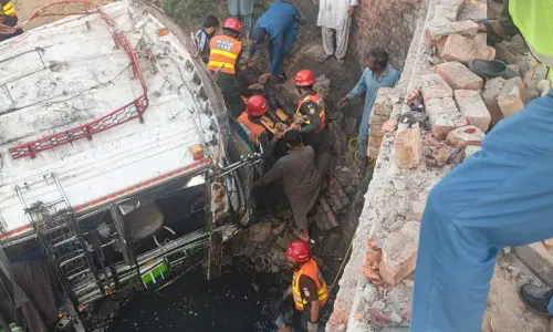 Five killed, 20 injured as bus plunges into drain in Hafizabad