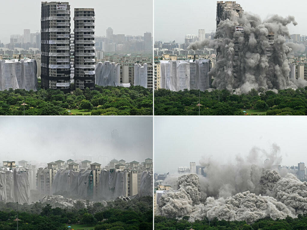  This combination of pictures shows a controlled implosion demolishing the 100-metre-high residential “Twin Towers” in Noida on the outskirts of New Delhi.  