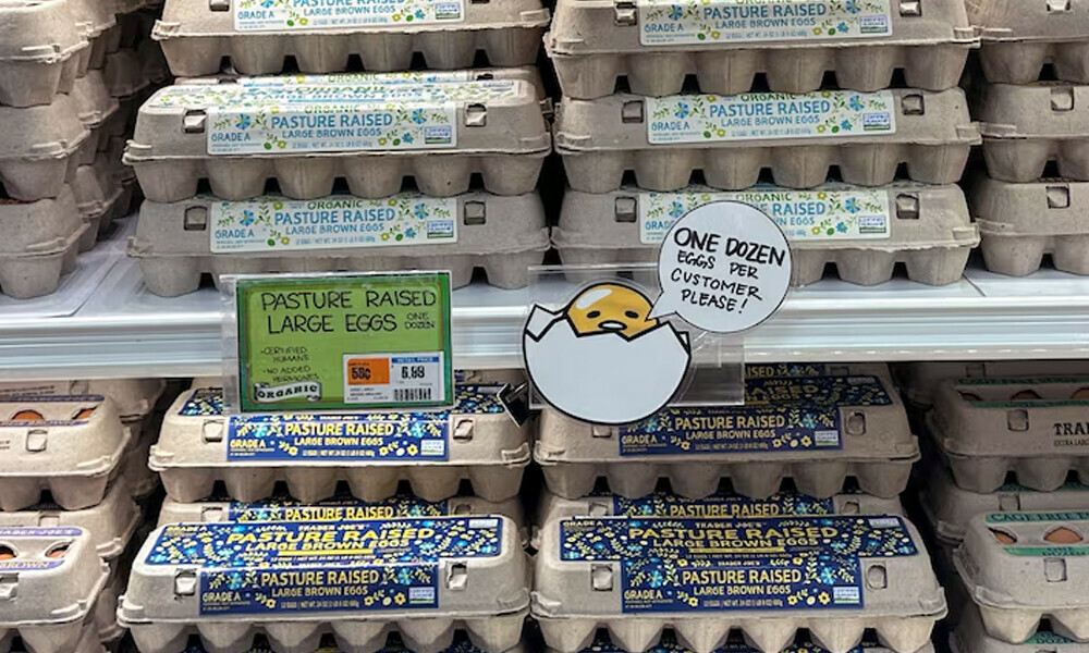 A sign for customers shopping for eggs at Trader Joe&rsquo;s hangs by the cartons in Merrick, New York, U.S. Photo: Reuters