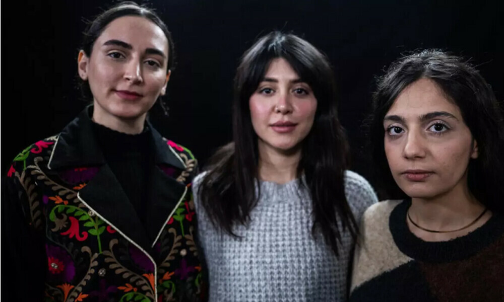 L-R: Mahsa Rostami, Niousha Akhshi and Setareh Maleki are now living in exile in Berlin after filming ‘The Seed of the Sacred Fig’. Photo: AFP
