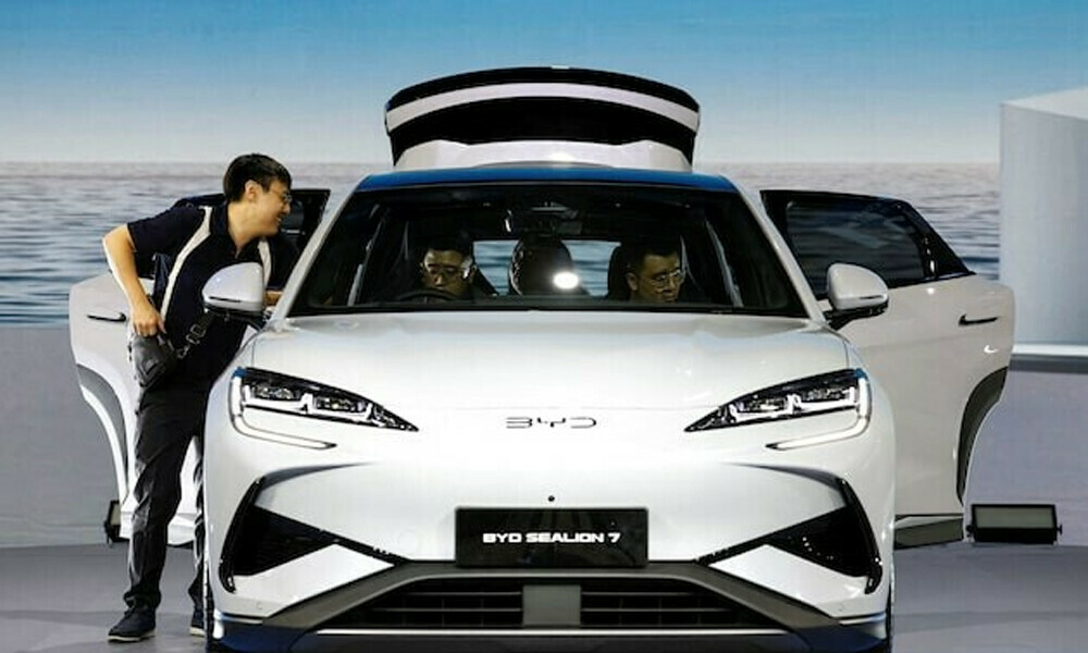 Visitors look at the BYD Sealion 7 electric vehicle during the Indonesia International Motor Show. Photo: Reuters