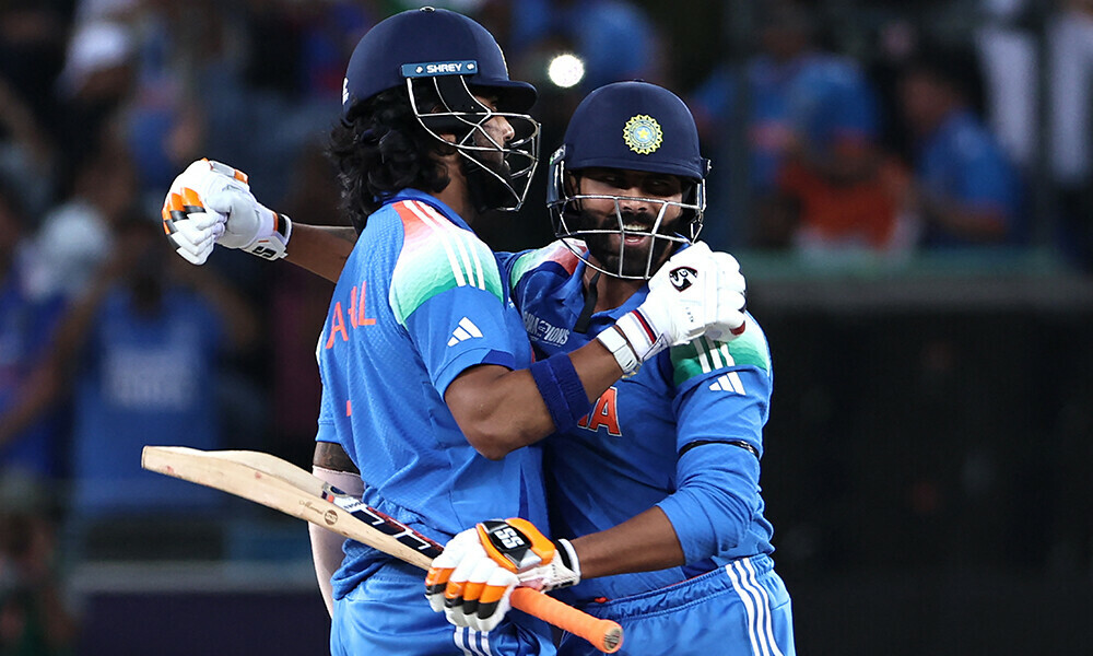 India&rsquo;s KL Rahul (L) and Ravindra Jadeja celebrate their win at the end of the ICC Champions Trophy ODI semi-final cricket match between Australia and India at the Dubai International Stadium in Dubai on March 4, 2025. Photo: AFP