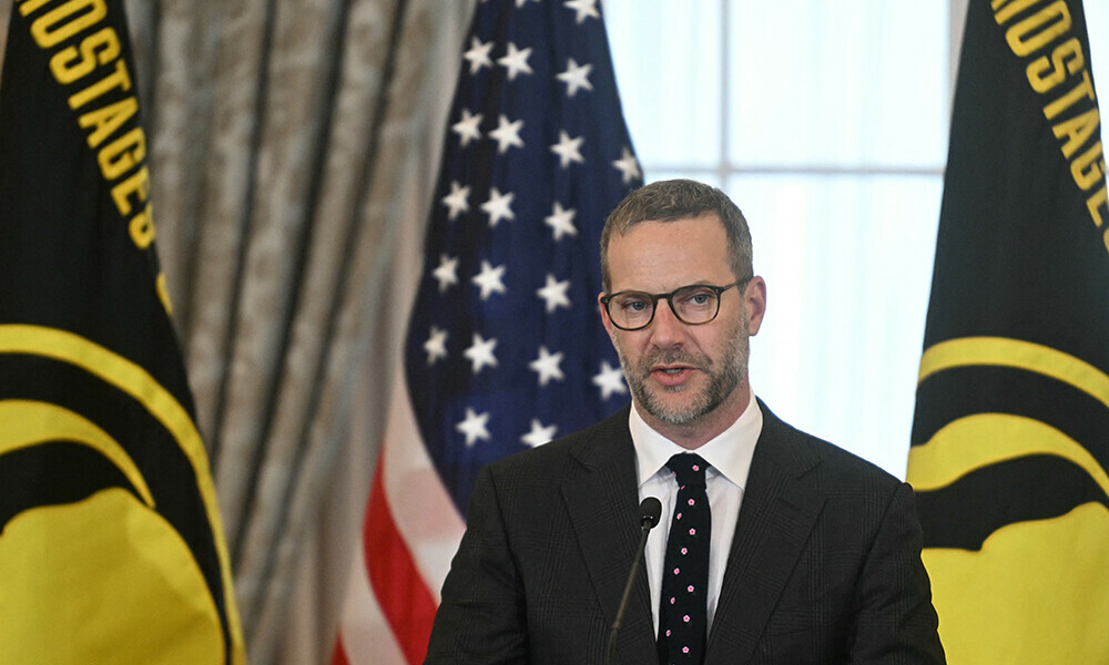 US Envoy for Hostages Adam Boehler speaks during a US hostage and wrongful detainee flag raising ceremony at the State Department in Washington, DC, on March 6, 2025. File Photo: AFP
