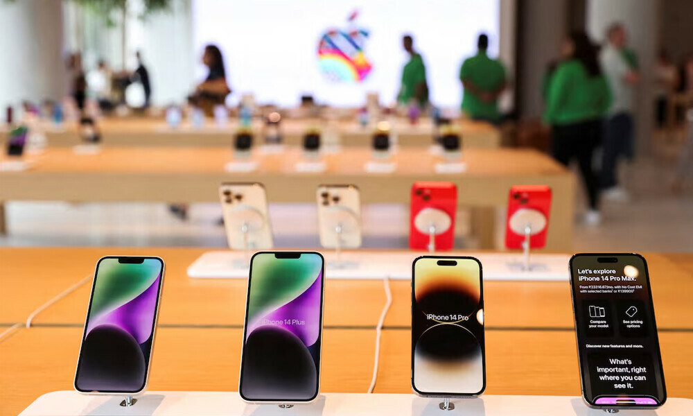 Apple iPhones are seen inside India&rsquo;s first Apple retail store during a media preview, a day ahead of its launch in Mumbai, India, April 17, 2023. File Photo: Reuters