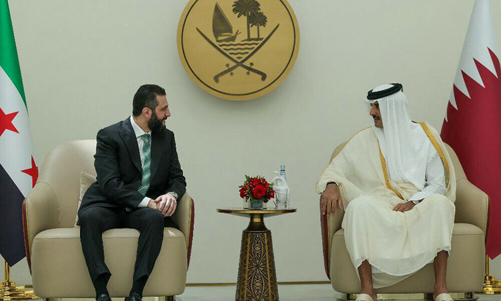 This handout picture released by the official Syrian Arab News Agency (SANA) shows Syria’s interim president Ahmed al-Sharaa (L) being received by Qatar’s Emir Sheikh Tamim bin Hamad al-Thani (R) in Doha on April 15, 2025. Photo: AFP