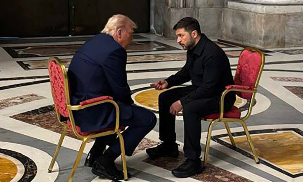 Ukraine&rsquo;s President Volodymyr Zelensky (R) meets with US President Donald Trump (L) on the sidelines of Pope Francis&rsquo;s funeral at St. Peter&rsquo;s Basilica at the Vatican on April 26, 2025. Photo AFP