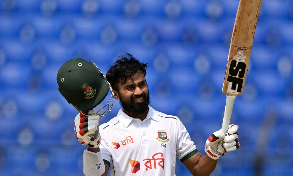 Bangladesh&rsquo;s Shadman Islam celebrates after scoring a century (100 runs) during the second day of the second Test cricket match between Bangladesh and Zimbabwe at a cricket stadium in Chittagong on April 29, 2025. Photo: AFP