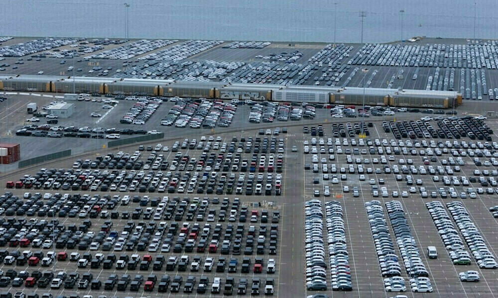 Automobiles at the shipping terminal are shown from the view of a drone in San Diego, California, US. Photo: Reuters