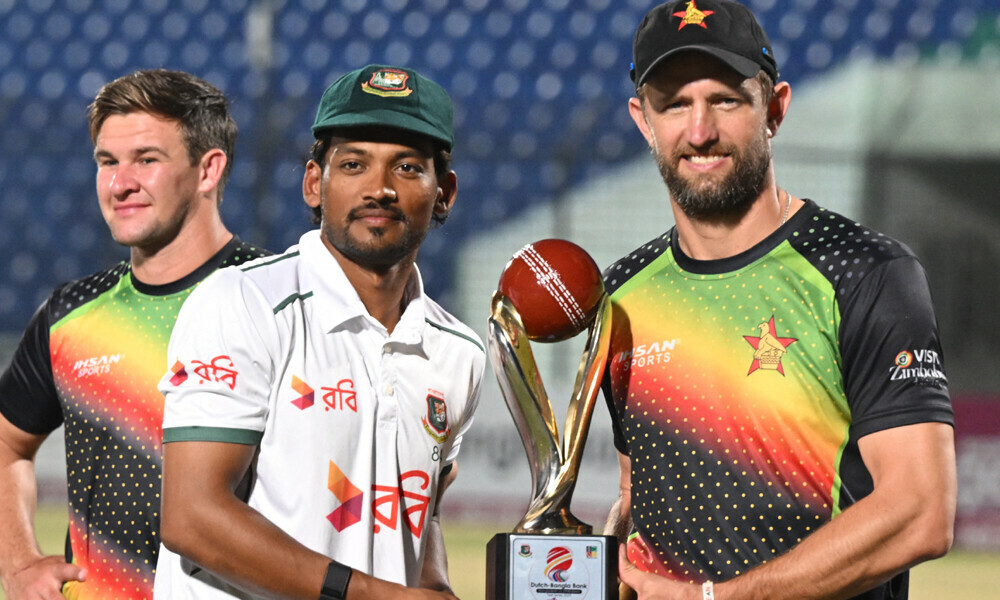 Bangladesh&rsquo;s captain Najmul Hossain Shanto (L) and Zimbabwe&rsquo;s captain Craig Ervine (R) pose for a photo with trophy following the presentation ceremony after the third day of the second Test cricket match between Bangladesh and Zimbabwe at a cricket stadium in Chittagong on April 30, 2025. Photo: AFP