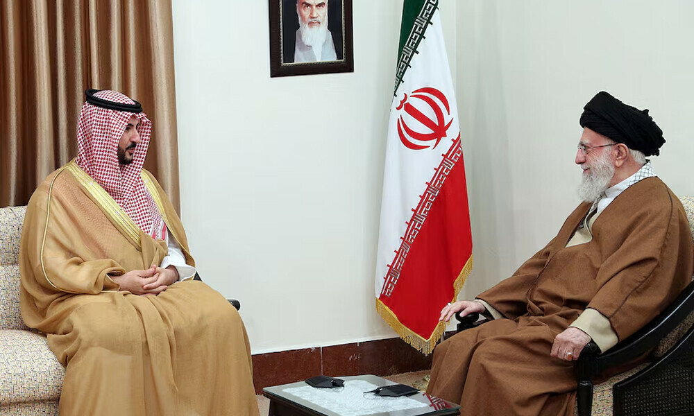 Iran’s Supreme Leader Ayatollah Ali Khamenei meets Saudi Defence Minister Prince Khalid bin Salman in Tehran, Iran. Photo: Reuters