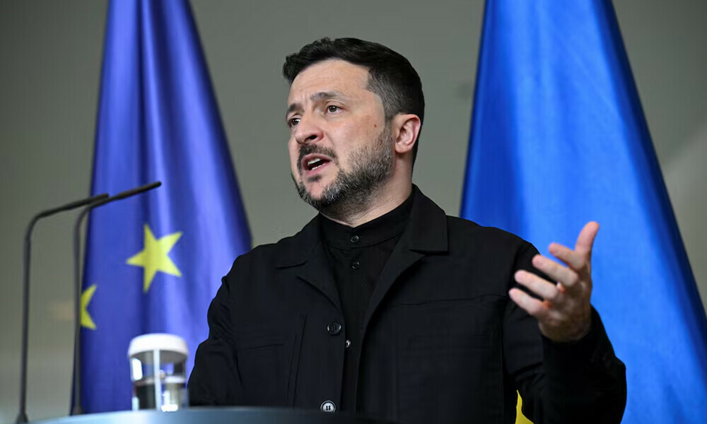 Ukrainian President Volodymyr Zelenskiy speaks at a press conference with German Chancellor Friedrich Merz (not pictured), following their talks at the Chancellery in Berlin, Germany, May 28, 2025.REUTERS