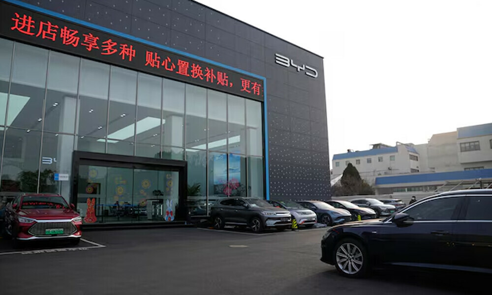 A view of vehicles parked outside at a BYD car dealership in Shanghai, China. Photo: Reuters