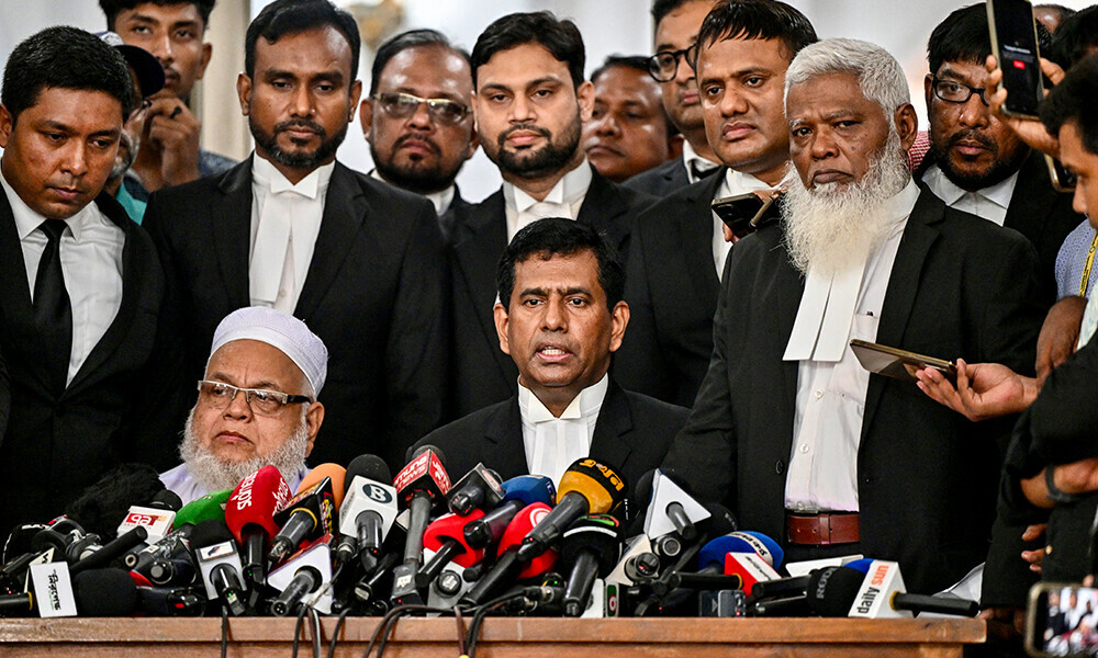 Chief prosecutor of Bangladesh’s International Crimes Tribunal (ICT) Mohammad Tajul Islam (C) speaks during a press conference outside the ICT court in Dhaka on June 1, 2025, after the start of the trial against Bangladesh’s former Prime Minister Sheikh Hasina. Photo: AFP