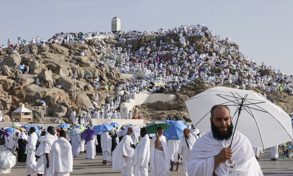 Muslim pilgrims pray at Mount Arafat in Hajj apex