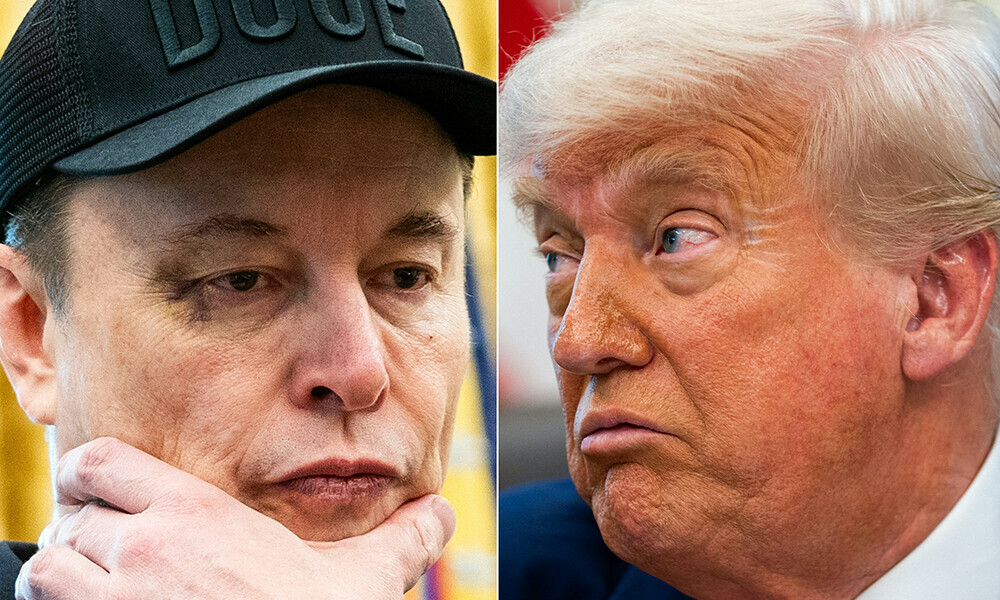 This combination of pictures created on June 03, 2025 shows Elon Musk looks and US President Donald Trump in the Oval Office of the White House in Washington, DC, on May 30, 2025. Photo: AFP