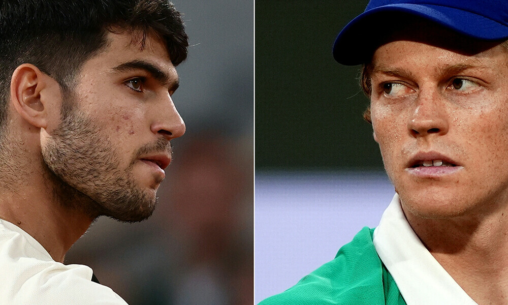 This combination of pictures created on June 7, 2025 shows (L) Spain’s Carlos Alcaraz reacting to a point against as he plays against Italy’s Lorenzo Musetti during their men’s singles semi-final match on day 13 and Italy’s Jannik Sinner looking on during his men’s singles semi-final match against Serbia’s Novak Djokovic on day 13. Photo: AFP