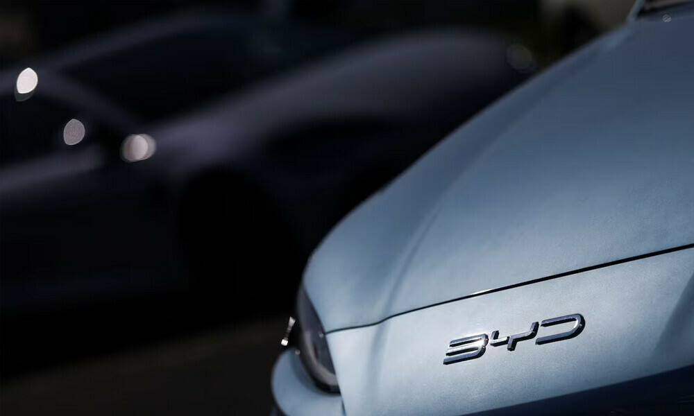 The logo of BYD is pictured on an electric car at a dealership in Reze near Nantes, France, March 27, 2025. REUTERS