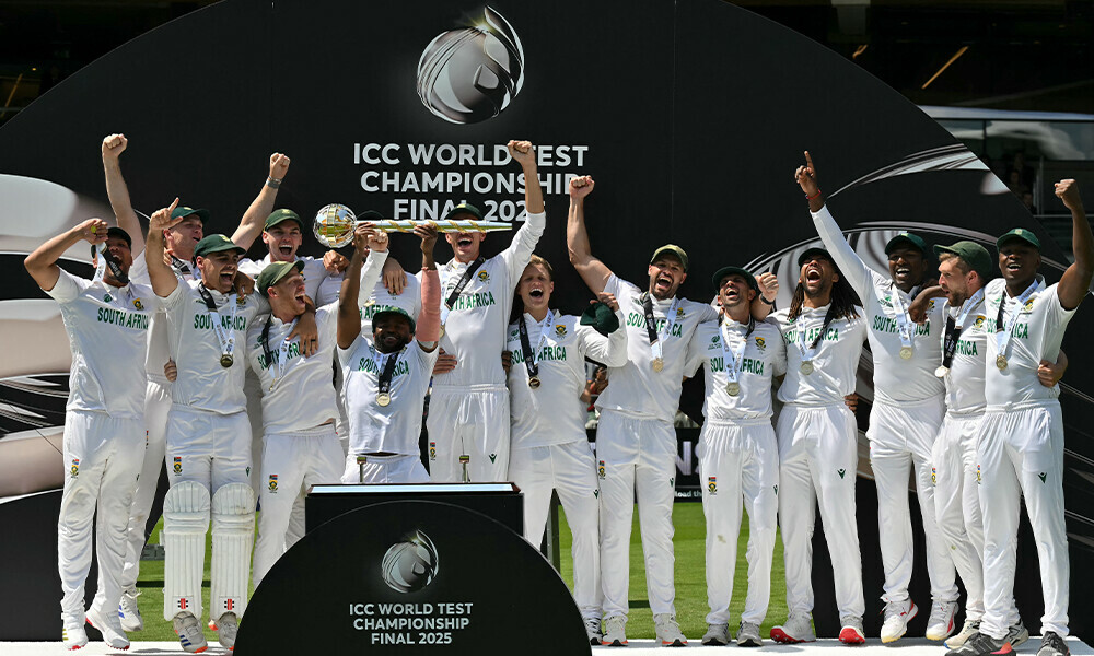 South Africa’s captain Temba Bavuma lifts the ICC World Test Championship Mace as he celebrates with teammates after victory on day four of the ICC World Test Championship cricket final match between Australia and South Africa, at Lord’s cricket ground, in London, on June 14, 2025. South Africa won the Test by 5 wickets. Photo AFP