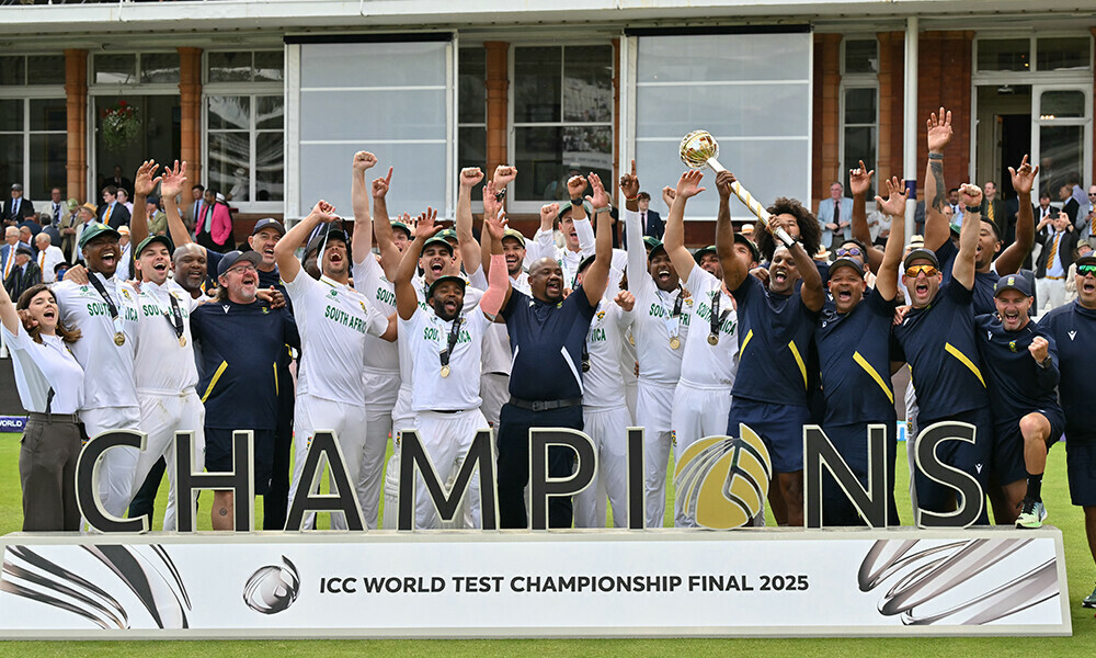 South Africa’s team and staff celebrate with the ICC World Test Championship Mace after victory on day four of the ICC World Test Championship cricket final match between Australia and South Africa, at Lord’s cricket ground, in London, on June 14, 2025. Photo: AFP
