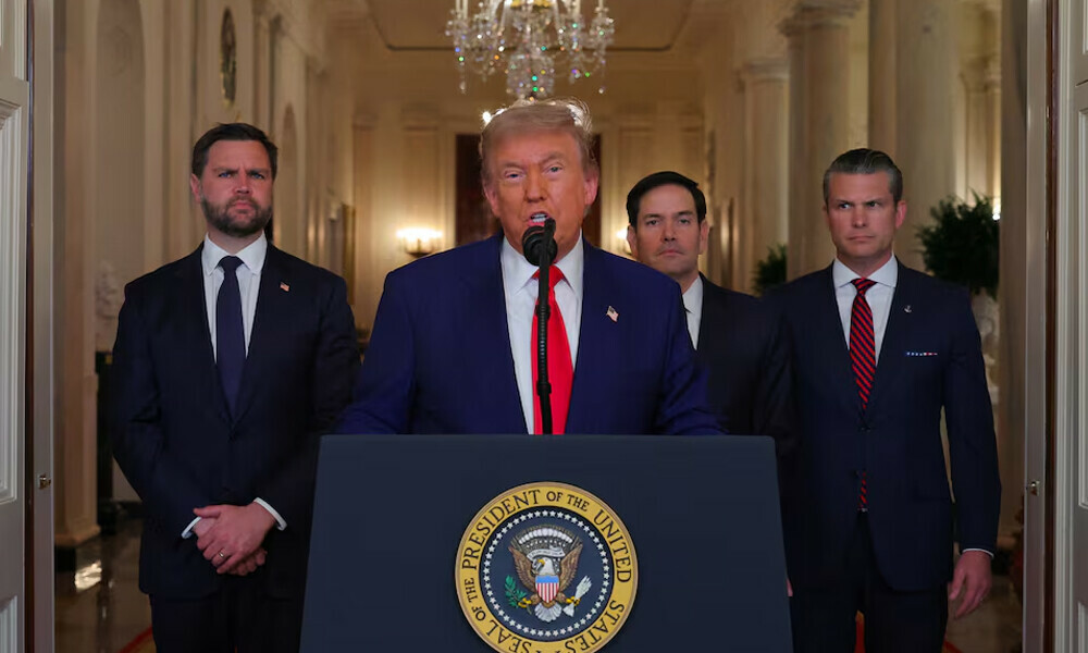 US President Donald Trump delivers an address to the nation alongside U.S. Vice President JD Vance, U.S. Secretary of State Marco Rubio and U.S. Defense Secretary Pete Hegseth at the White House in Washington, D.C., U.S. June 21, 2025, following U.S. strikes on Iran’s nuclear facilities. Photo: Reuters