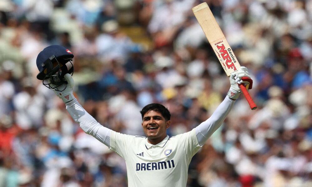 India’s captain Shubman Gill reacts to reaching his double hundred on day two of the second cricket test match between England and India at Edgbaston cricket ground in Birmingham, central England on July 3, 2025. Photo: AFP