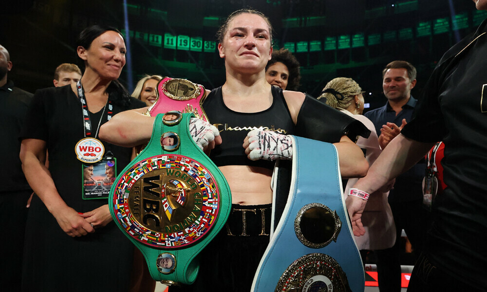 Katie Taylor celebrates after defeating Amanda Serrano. Photo: AFP