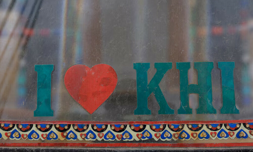  A sign that reads &ldquo;I Love KHI&rdquo;, which represents &ldquo;I love Karachi,&rdquo; is displayed on the windshield of an auto rickshaw (tuk tuk). Photo: Reuters 
