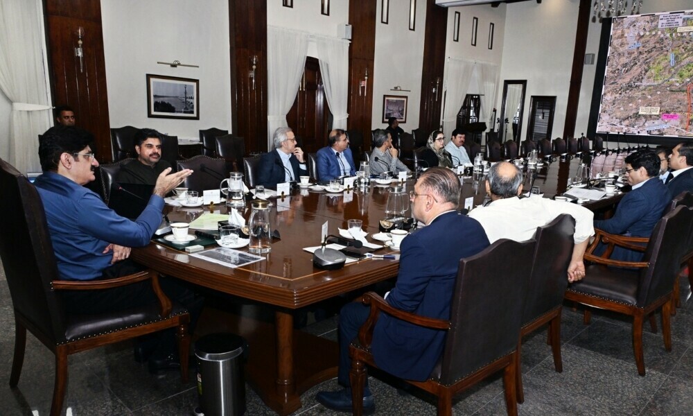 Sindh Chief Minister Syed Murad Ali Shah presides over a meeting to review the progress of the Shahrah-e-Bhutto and the Korangi Causeway Bridge at CM House in Karachi on July 14, 2025. Photo: Facebook/@ SindhCMHouse