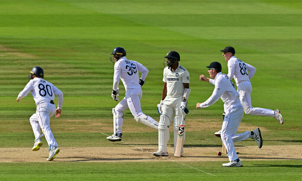 England&rsquo;s Ollie Pope (L), England&rsquo;s Jamie Smith (2L), England&rsquo;s Harry Brook (R) and England&rsquo;s Zak Crawley (2R) run past India&rsquo;s Mohammed Siraj as England win the test match on the fifth day of the third cricket test match between England and India at Lord&rsquo;s cricket ground in London, on July 14, 2025. Photo: AFP