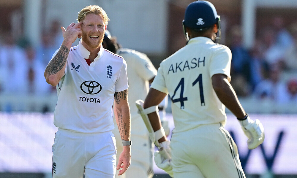 England&rsquo;s captain Ben Stokes (L) gestures to India&rsquo;s Akash Deep (R) on the fourth day of the third cricket test match between England and India at Lord&rsquo;s cricket ground in London, on July 13, 2025. Photo: AFP