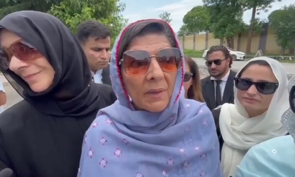 Aleema Khan (centre) speaking to media on July 24, 2025. Photo: Screengrab/Facebook/@PTIOfficial