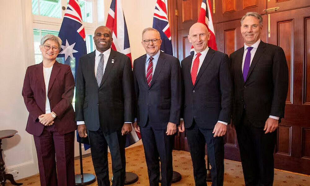 Australian Minister for Foreign Affairs, Penny Wong, Britain&rsquo;s Secretary of State for Foreign, Commonwealth and Development Affairs, David Lammy, Australian Prime Minister, Anthony Albanese, Britain&rsquo;s Secretary of State for Defence, John Healey and Australian Deputy Prime Minister and Minister for Defence, Richard Marles pose for a photograph at Kirribilli House during Australia-UK Ministerial Consultations (AUKMIN), in Sydney, Australia, July 25, 2025.  Photo: Reuters
