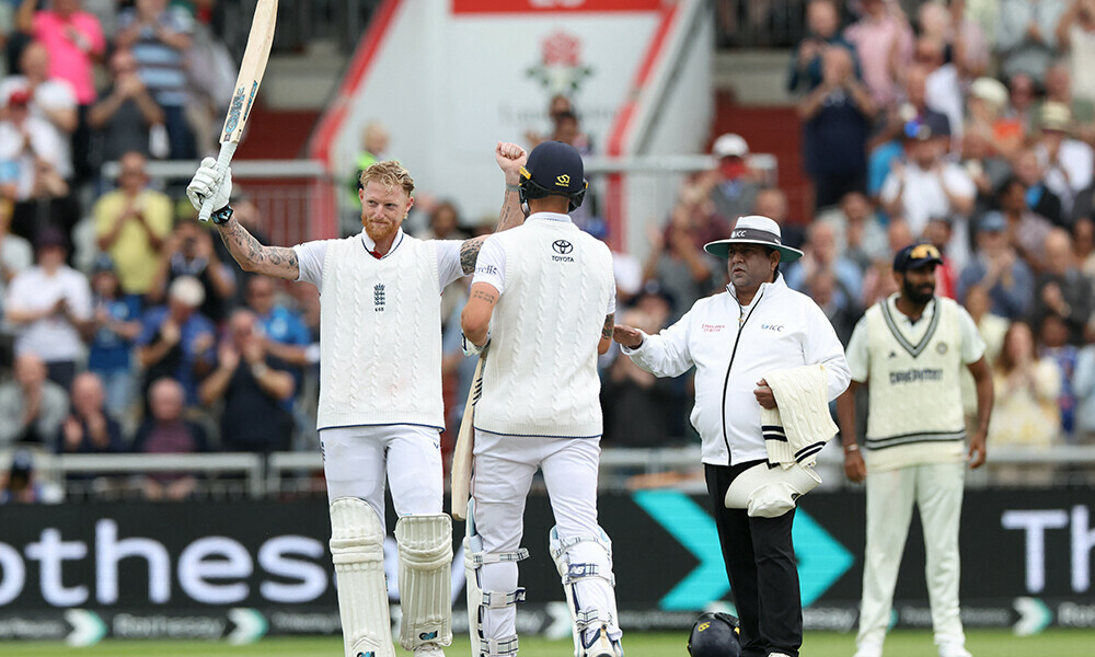 England&rsquo;s captain Ben Stokes (L) celebrates after scoring a century (100 runs) on day four of the fourth cricket test match between England and India at Old Trafford, in Manchester, north England, on July 26, 2025. Photo: AFP