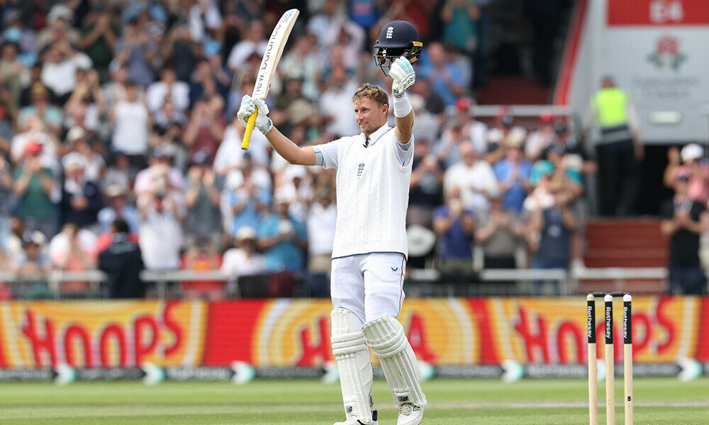 England&rsquo;s Joe Root celebrates his century on day three of the fourth cricket test match between England and India at Old Trafford, in Manchester, north England, on July 25, 2025. Photo: AFP