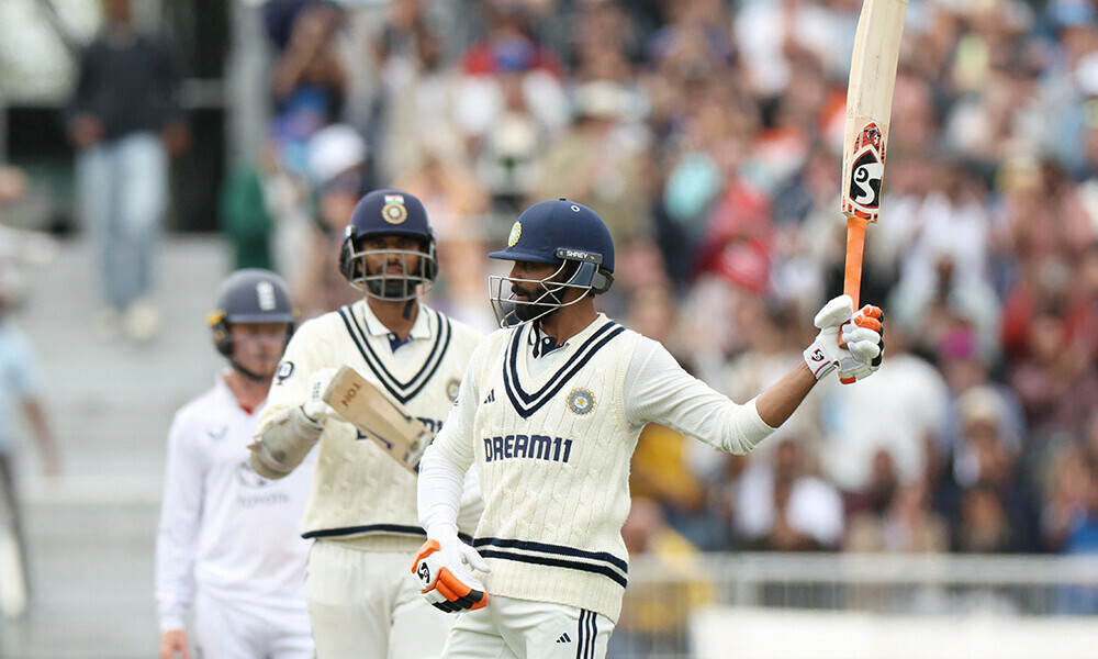 India&rsquo;s Ravindra Jadeja (R) celebrates after scoring a half-century (50 runs) on day five of the fourth cricket test match between England and India at Old Trafford, in Manchester, north England, on July 27, 2025. Photo: AFP