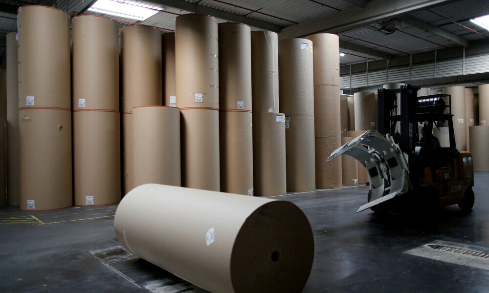 An employee transports a giant reel of paper inside the carboard box. Photo: Reuters An employee transports a giant reel of paper inside the carboard box. Photo: Reuters