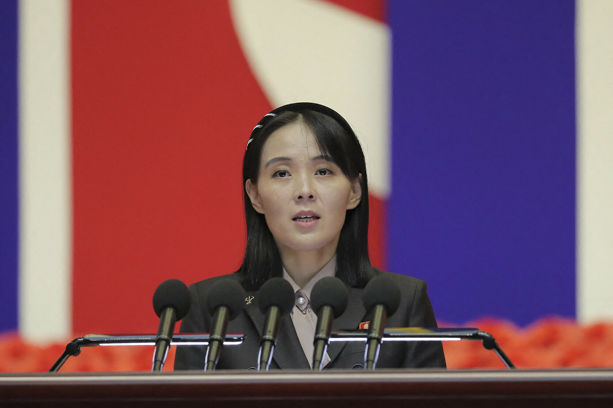 Kim Yo Jong, the sister of North Korea&rsquo;s leader Kim Jong Un, speaking at the National Emergency Prevention General Meeting in Pyongyang. Photo: AFP