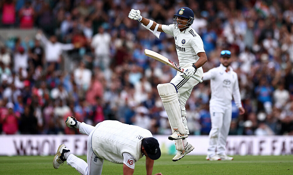 India&rsquo;s Yashasvi Jaiswal celebrates his century on day three of the fifth Test cricket match between England and India at The Oval in London on August 2, 2025. Photo: AFP