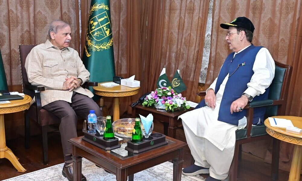 Prime Minister Muhammad Shehbaz Sharif meets Gilgit Baltistan Governor Syed Mehdi Shah in Gilgit on August 4, 2025. Photo: PM Office